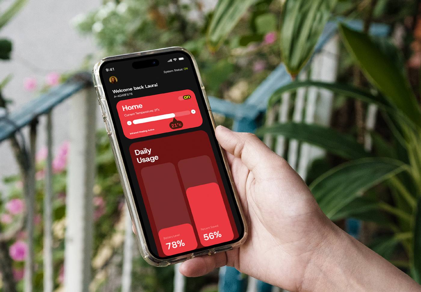 Hand holding a phone showing the energy app
